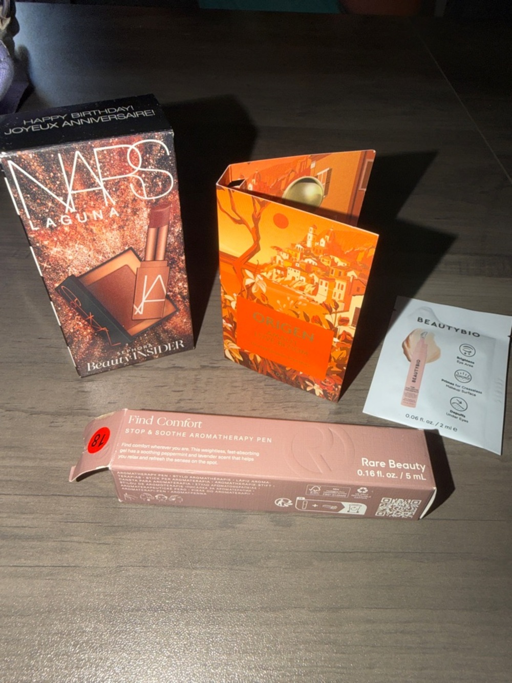 NARS Laguna set, Origen sample, Beauty Bio Eyelighter, & Rare Beauty Pen